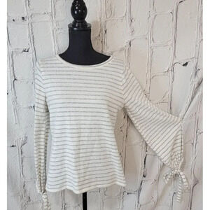 A.N.A Striped White Gray Fuzzy Soft Long Sleeve‎ Pullover Tie Wrist Womens Sz M